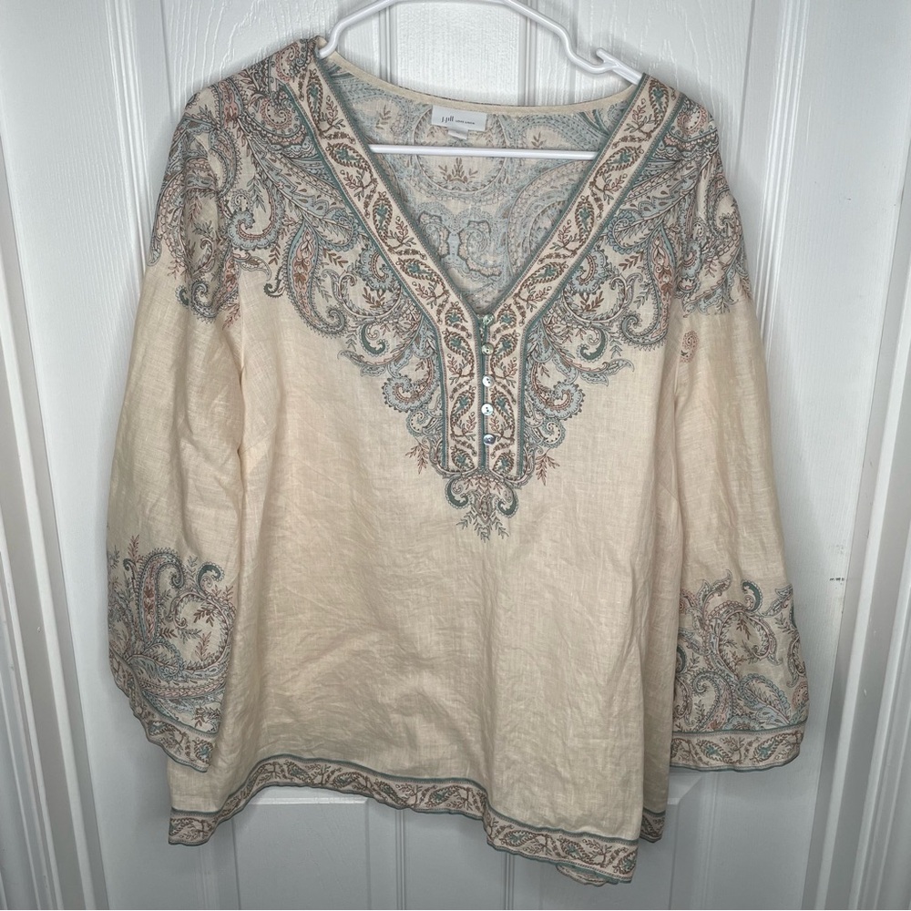 J. Jill Love Linen Ornate Paisley Bohemian Lagenlook Top in Barley Elegant XL - Picture 3 of 14